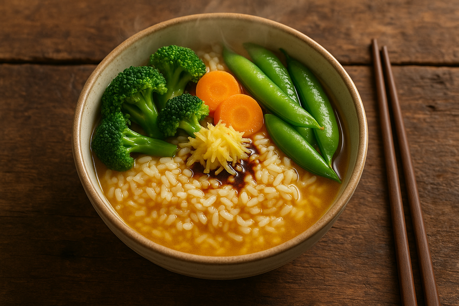 QUICK BONE BROTH RICE BOWL

Ingredients
1 cup cooked rice, white or brown
2 cups bone broth
1 tbsp soy sauce
1 clove soy sauce
1 tsp ginger, grated
1 cup steamed vegetables

INSTRUCTIONS
In a saucepan, combine the rice and both broth. Bring to a light boil.
Reduce heat and add soy sauce, garlic, and ginger
Simmer for 10 minutes
4. Stir in steamed vegetables and serve. 